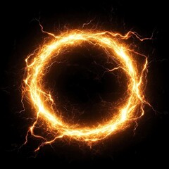 A glowing golden ring of light on a black background. The circle is made up of lightning-like lines, with the edges slightly blurred and having an orange glow. 