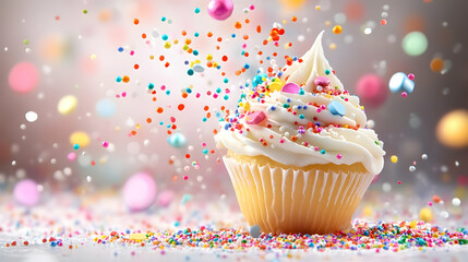 A single vanilla cupcake adorned with colorful sprinkles, with more sprinkles playfully suspended in mid-air