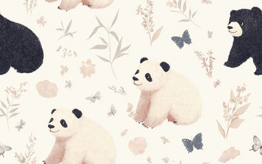 Adorable Panda Bear Seamless Pattern with Butterflies and Bamboo