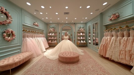 Elegant bridal boutique showcasing a wide array of gowns and accessories in a soft pastel color palette