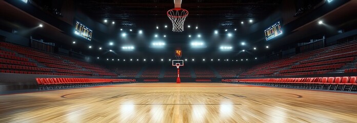 A photorealistic basketball arena with a court, high-level details, cinematic lighting, and a wide shot