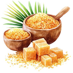 watercolor illustration Brown sugar in wooden bowls with palm leaves. on transparent cutout, PNG file