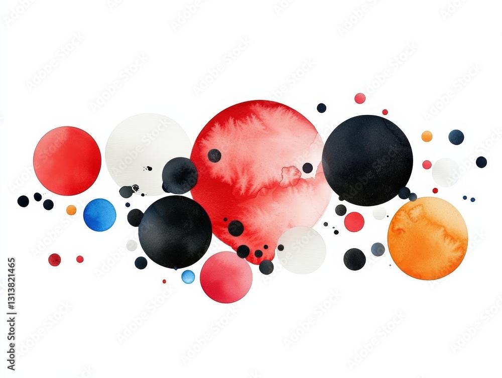Poster a vibrant watercolor art piece featuring colorful abstract circles in various sizes, creating a dyna