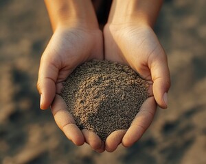 A person grasping a handful of sand with their hands