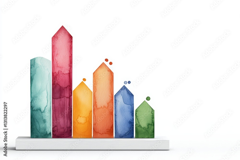 Poster a vibrant watercolor bar chart representing growth and data analysis with colorful bars on a minimal