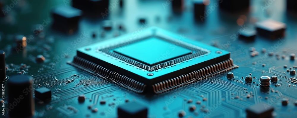 Aufkleber Close up shot of blue computer chip on green circuit board. Detailed tech view microchip, motherboard with hardware component, electrical engineering, digital semiconductor device, silicon transistor