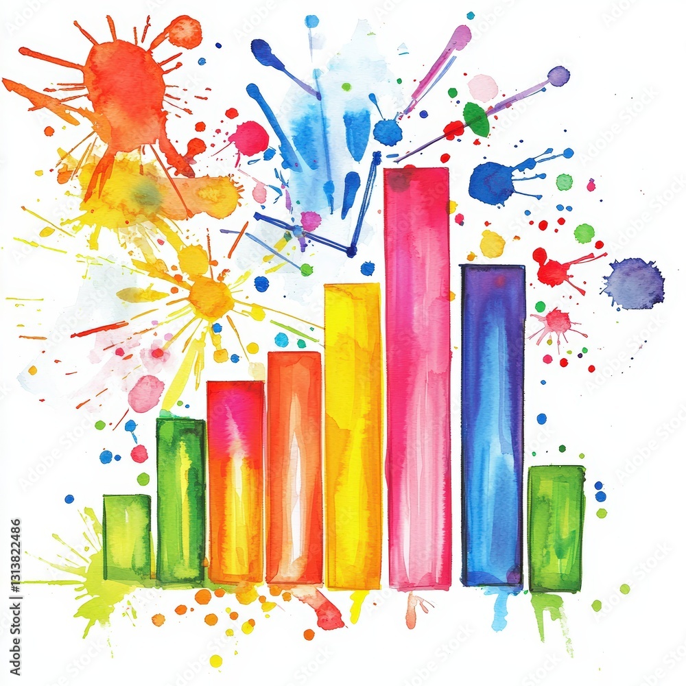 Poster a vibrant watercolor bar chart surrounded by colorful splashes, symbolizing creativity and dynamic g