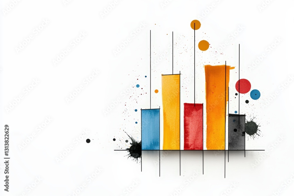 Poster a vibrant watercolor bar chart with colorful bars representing data, blending art and analytics in a