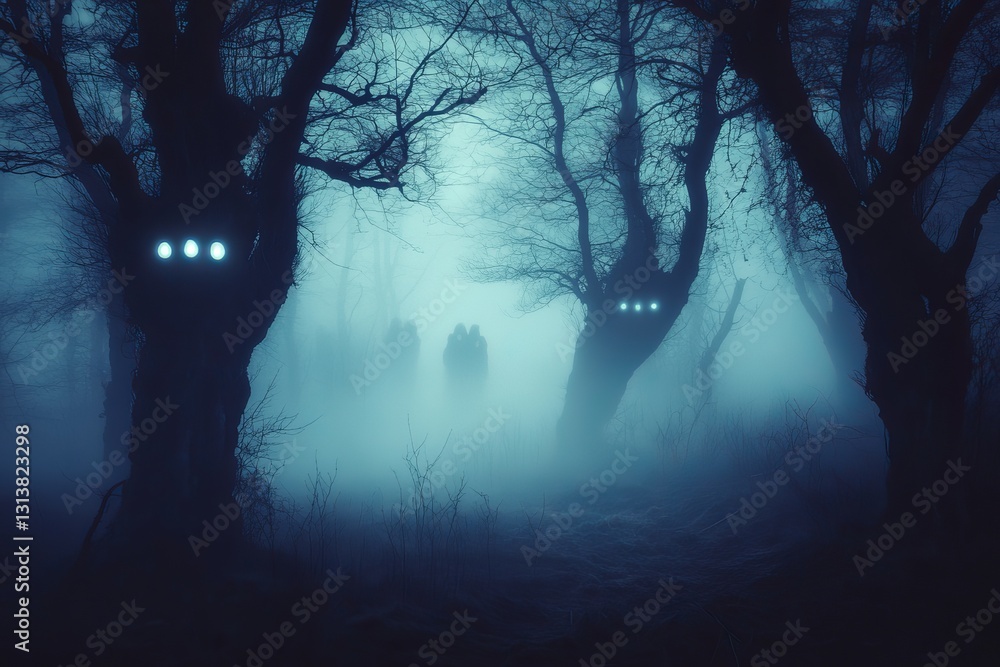Poster a forest with two trees that have glowing eyes on them. the trees are surrounded by fog and the mood