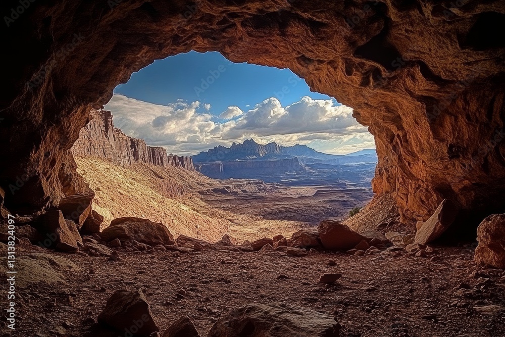 Aufkleber a large cave with a view of mountains and a blue sky. the cave is open to the sky and the mountains 