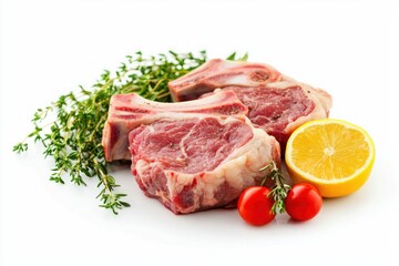 Fototapeta premium Fresh lamb chops presentation with thyme herbs and lemons on a clean white background for commercial use