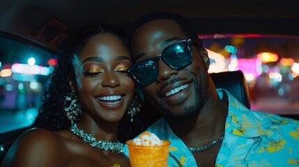 Happy couple enjoying colorful drinks in vibrant nightlife setting