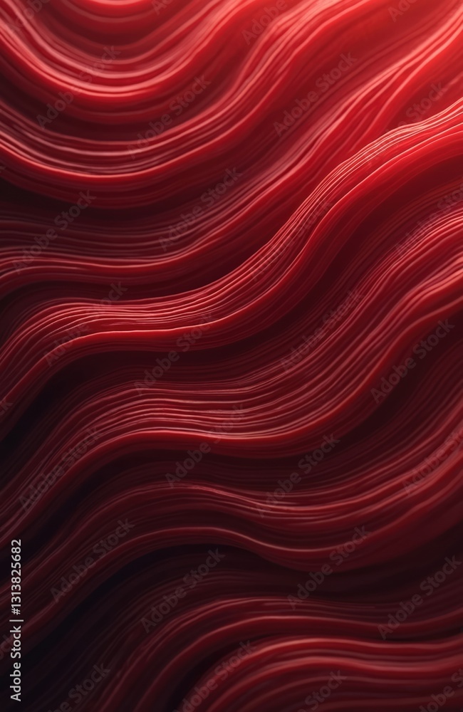Poster abstract red wavy lines background. dark red fluid texture with depth effect. smooth curves pattern 