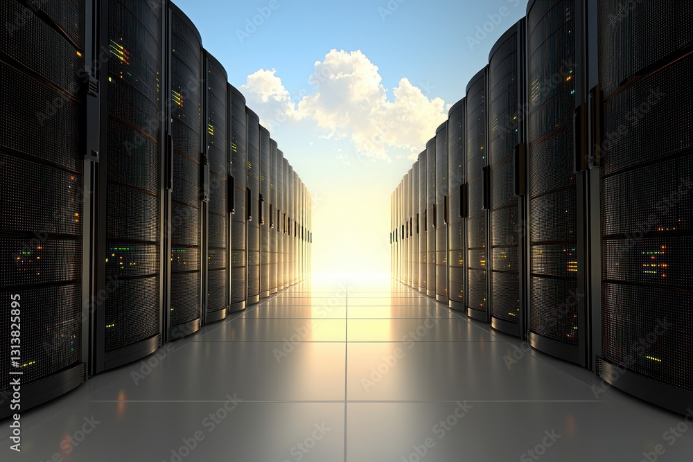 Poster server room showcasing data storage information technology infrastructure with sky view and cloud sy
