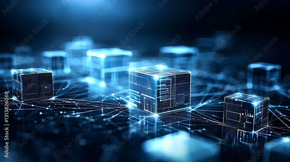Poster 3d rendered glowing blue digital cubes interconnected by a network on a dark reflective surface illu