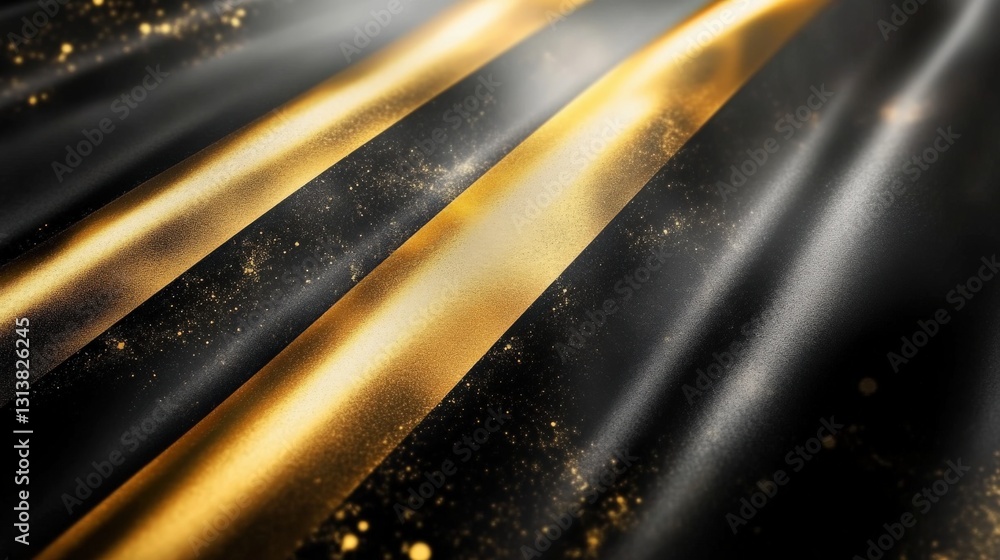 Poster shimmering black and gold fabric with flowing folds and sparkling particles in a dramatic setting