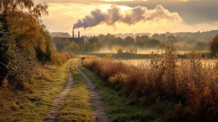 Obraz premium Dirt path leading to a hidden village, smoke rising from chimneys in the distance