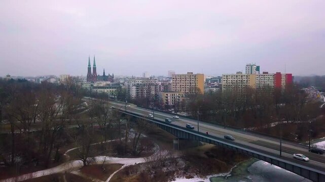 Aerial view of  Warsaw Praga district at winter