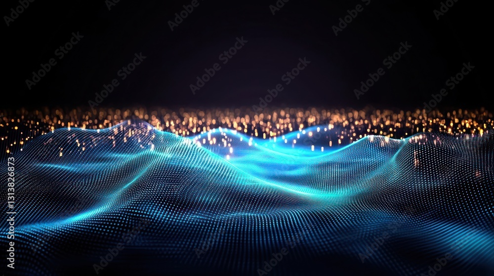 Poster abstract digital wave structure with glowing blue particles on dark background illuminating futurist