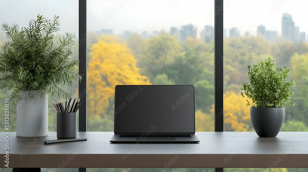Aufkleber modern workspace with black laptop mockup and city view through window with autumn trees in pots on 