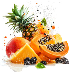 A Burst of Tropical Fruits Mango Papaya and Pineapple Isolated on Transparent Background