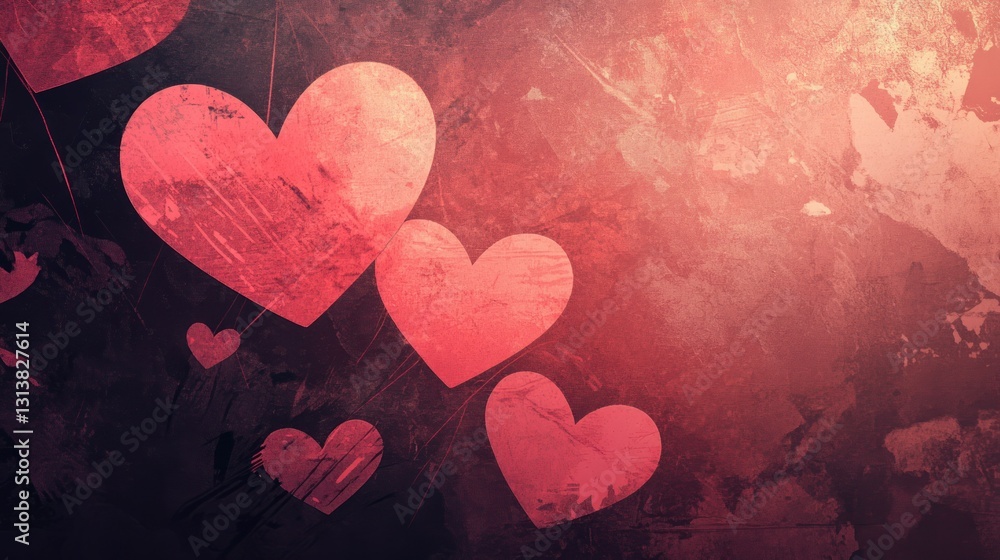 Poster floating red hearts on a textured gradient background are visible