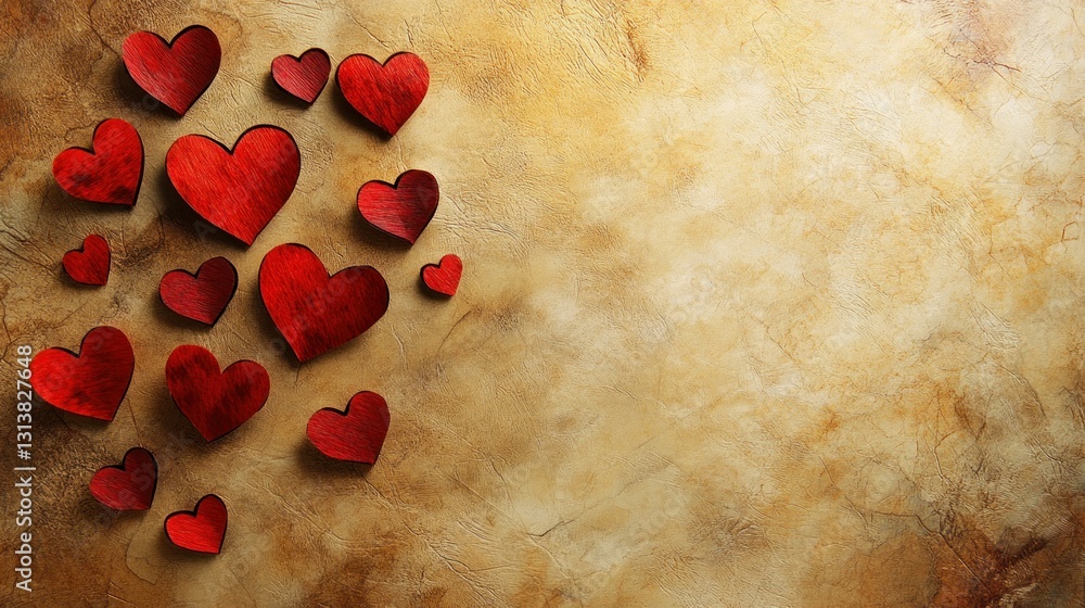 Poster red hearts of different sizes are arranged across a backdrop