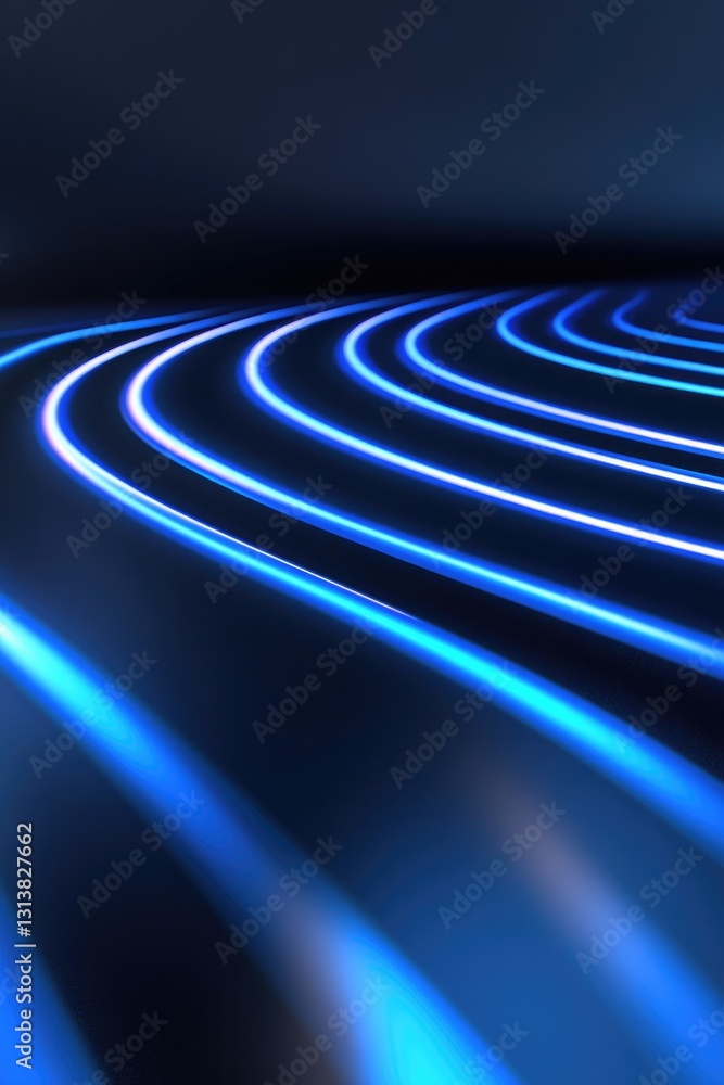 Poster glowing blue lines create mesmerizing wave pattern against dark