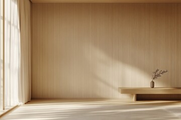 Minimalist wooden room, sunlight, zen decor, empty space, interior design