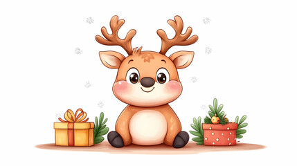 Fototapeta premium Adorable cartoon reindeer with gifts and winter foliage