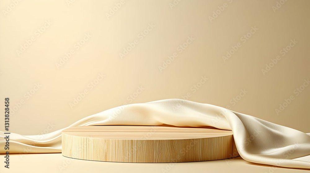 Poster empty rustic wooden podium display with soft cream fabric drape on a beige background in a minimalis