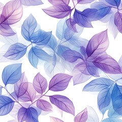 Seamless pattern of translucent purple and blue leaves on white background.