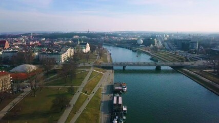 Aerial view Krakow fling over Vistula river looking south