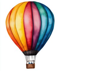 Fototapeta premium A vibrant watercolor illustration of a hot air balloon soaring against a clear background, symbolizing adventure and freedom.