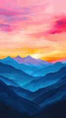 Fototapeta premium Sunrise Over the Mountain Range: A breathtaking digital painting captures a vibrant sunrise painting a watercolor palette across the sky, washing over a series of majestic blue mountains.