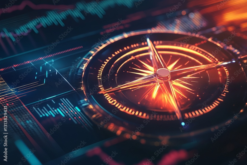 Poster a computer screen shows a colorful, glowing compass with a red dot in the center. concept of technol