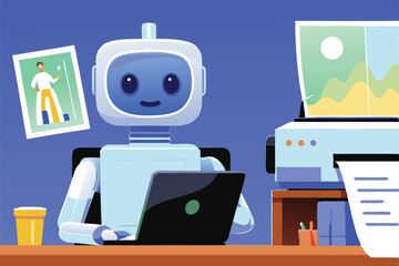 A low-profile robot meticulously scans documents on a cluttered desk beside a whirring printer; futuristic office scene.