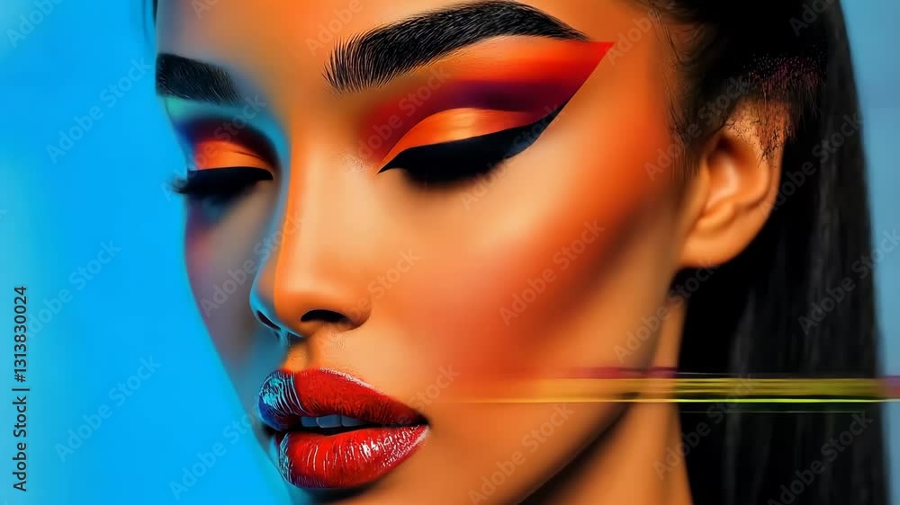 Aufkleber woman with a red lip is the main focus of the image. the background is a colorful, abstract design t