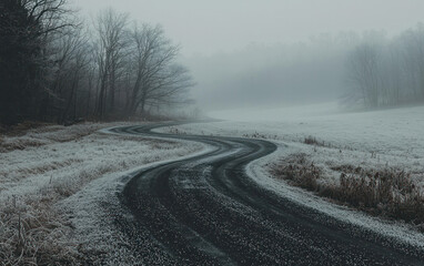 Winding Dirt Road Through Foggy Snow Covered Landscape
