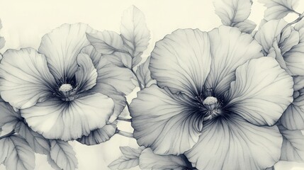 Artistic sketch of several delicate flowers and leaves together