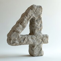 Rock statue number 4 on white background. Stone sculpture old textured cracked boulder design element for ancient history, historical heritage, culture symbol for 4th of July related creative projects