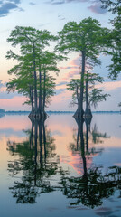 Obraz premium Tranquil Cypress Reflection: A serene waterscape featuring majestic cypress trees gracefully reflected in the calm, glassy surface of a lake under a vibrant sunset sky.