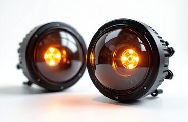 Pair of glowing black round car headlamps on white background. Vehicle lights shine. Modern auto part, automotive accessory. Headlights closeup, detail view, road safety, driving assistance tech.
