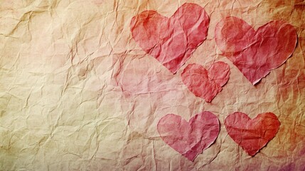 Fototapeta premium Red paper hearts arranged on an aged and textured background