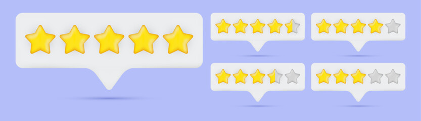 3D Cartoon 5-Stars, 4.5-Stars, and 4-Stars Rating Icons with Dialogue and Bubbles: Boost Engagement, Build Trust, Enhance Customer Feedback, and Elevate Product Reviews Vector.