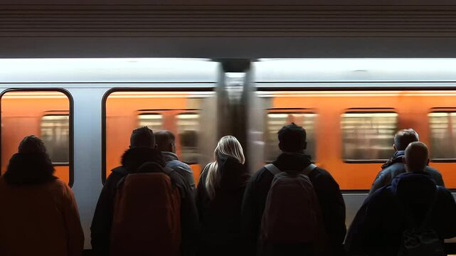 Busy subway train during rush hour with passengers boarding