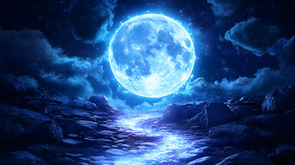 Fototapeta premium Blue moon illuminating a rocky path at night, clouds and stars visible