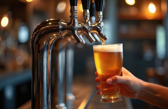 Bartender pours draught beer to glass in pub taproom. Serving fresh beverage with foam. Lager drink from tap beer dispenser. Hand holds pint in bar indoor. Refreshment closeup.