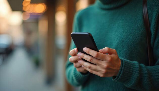 Woman hands hold smartphone. Secure digital payments, mobile wallet usage. Online banking transactions, e-commerce, cashless lifestyle, modern technology. Person taps phone screen, makes purchase