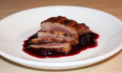 Sliced duck breast with berry sauce